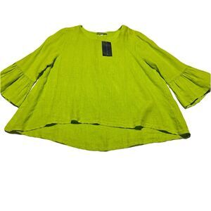 Bryn Walker Top Linen Boho Bell Sleeve M Lagenlook Coastal Hi Low Lime Green NWT
